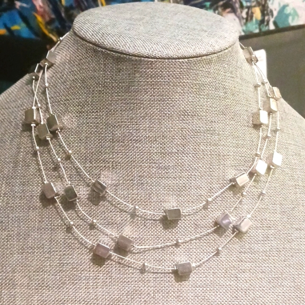Lia Sophia Silver Cube Necklace 3 Strand Silvertone - Pre-loved (15"-19")